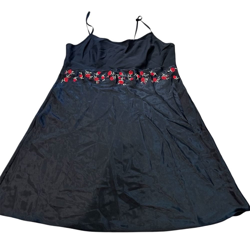 Vintage Delicates Black Satin Slip Dress with Red Rose Floral Embroidery Size L